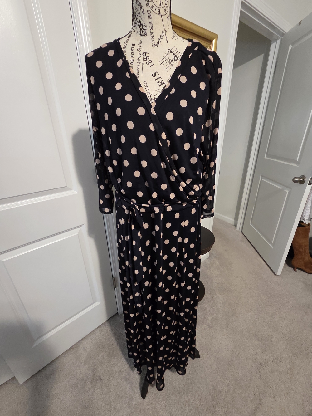Polka Dot Wrap Maxi Dress in Navy and Beige